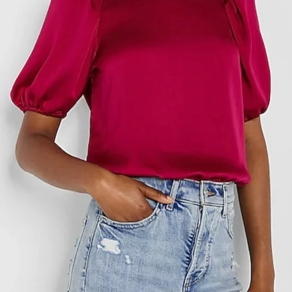 Express Satin Open Back Puff Sleeve Top Size Large - Picture 1 of 8